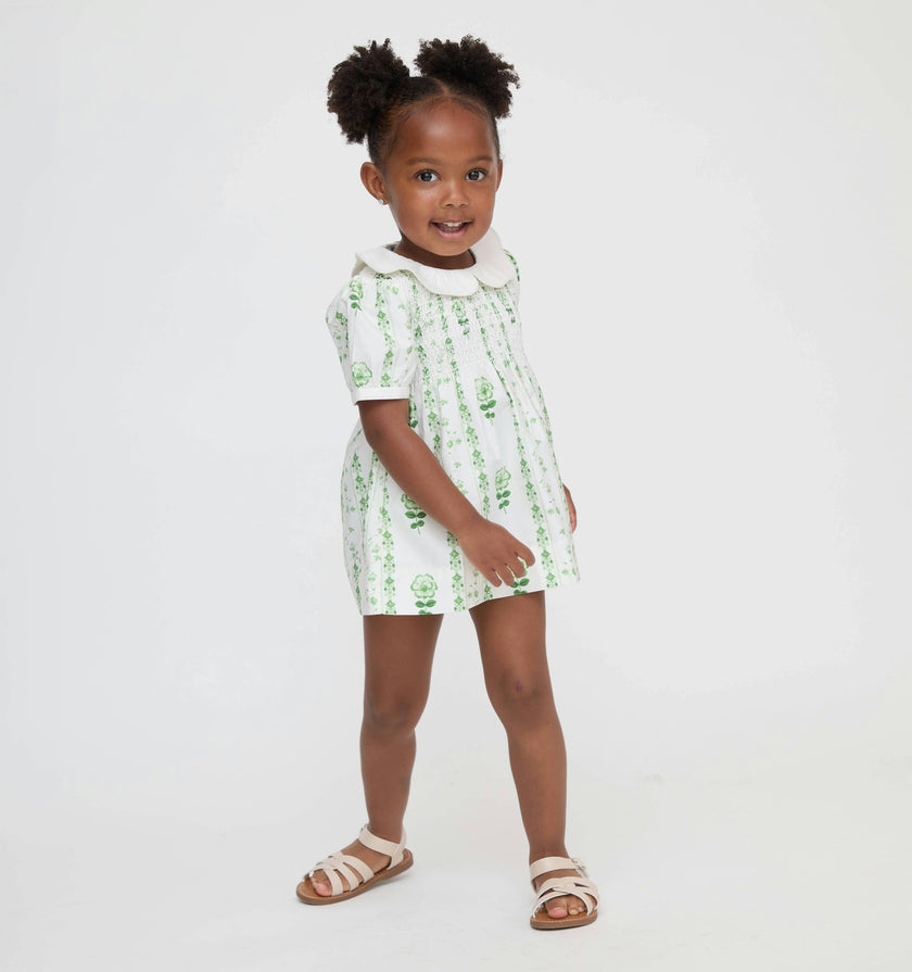 The Baby Mina Nap Dress - White/Green Arcadia Border