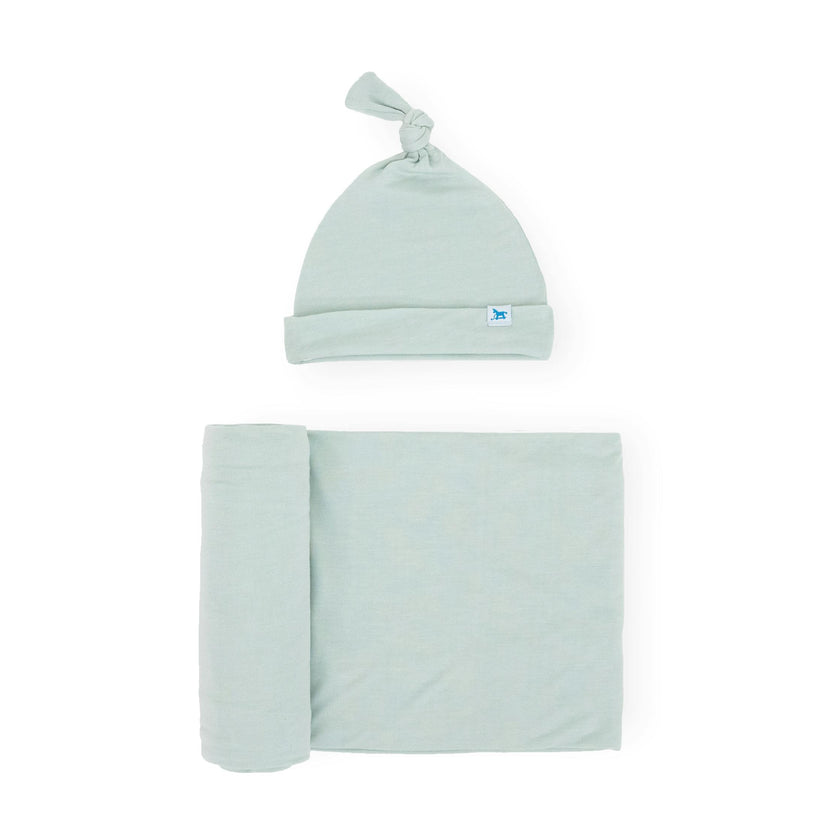 Stretch Knit Swaddle and Hat Set - Frost Green