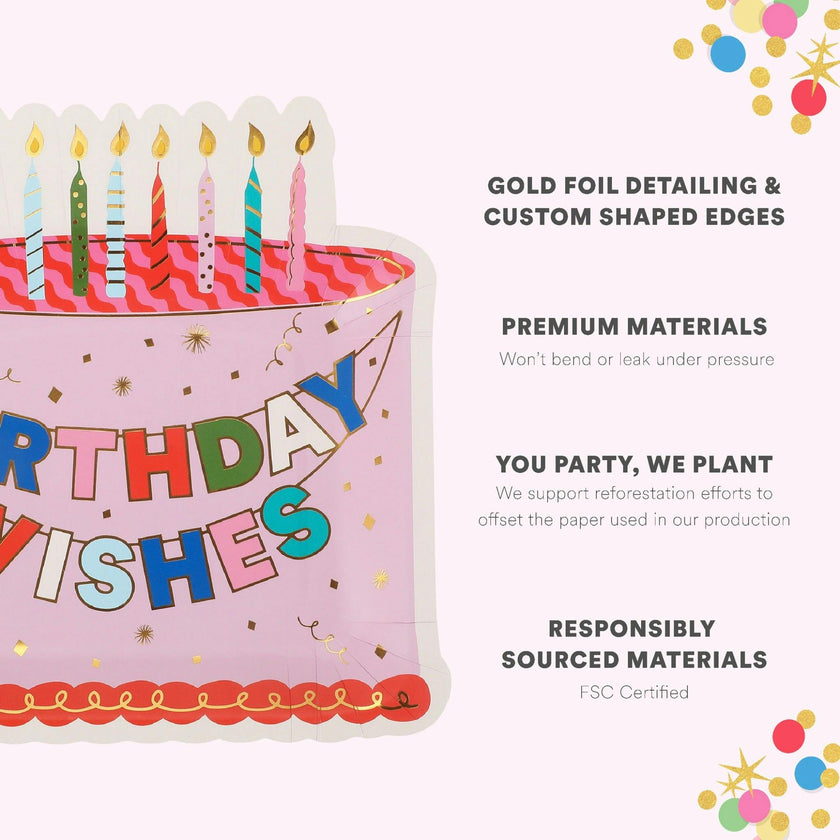 Packed Party Make a Wish Birthday Dessert Plates 10ct - Gold Foil Colorful Cake Design Party Plates, 8 Inch, 350 GSM