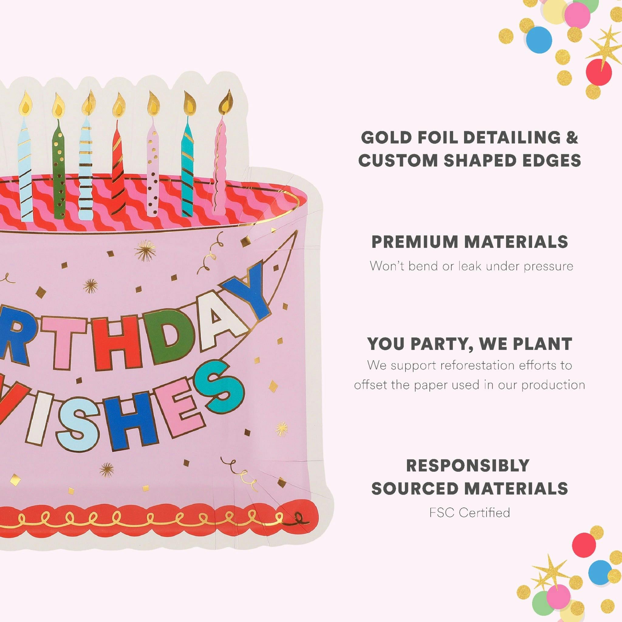 Packed Party Make a Wish Birthday Dessert Plates 10ct - Gold Foil Colorful Cake Design Party Plates, 8 Inch, 350 GSM