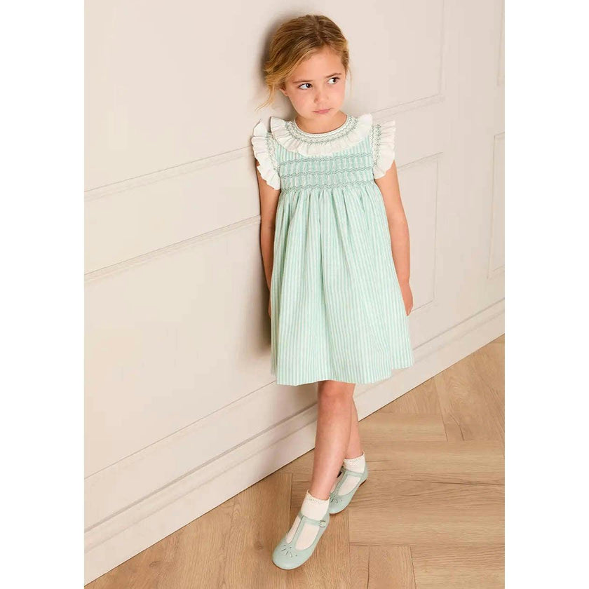 Wimbledon Stripe Hand Smocked Frill Collar Cap Sleeve Dress in Green (12mths- 10yrs)