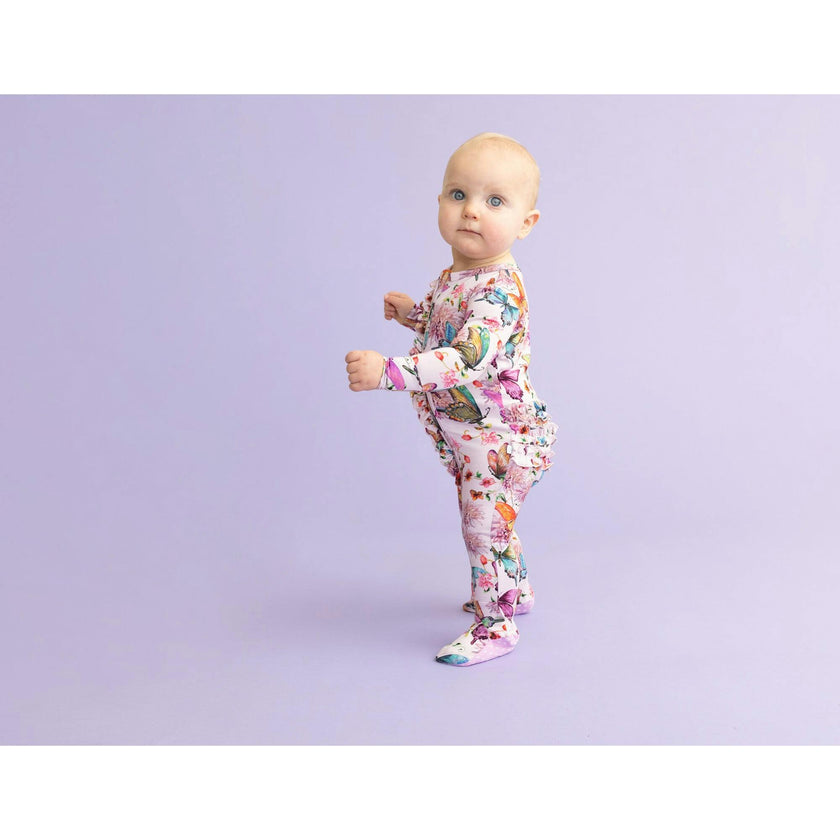 Watercolor Butterfly Footie Ruffled Zippered One Piece