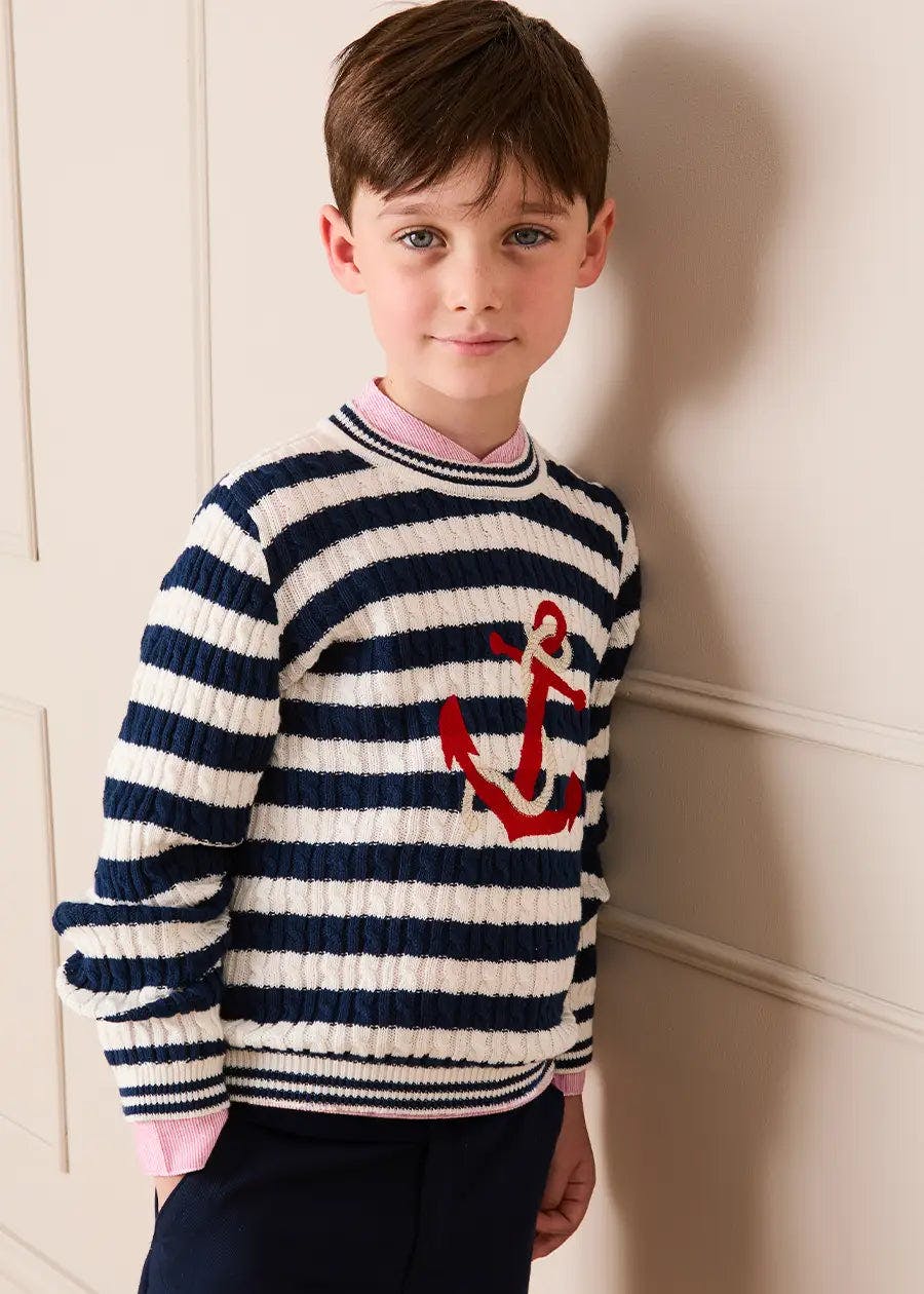 Anchor Motif Cable Knit Sailor Stripe Jumper in Navy (12mths- 10yrs)