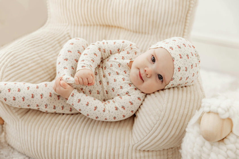 Fruit Print Ribbed Snap Front Romper and Hat Two Piece Set