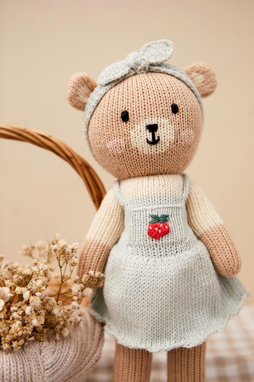 Emma the bear with strawberry  Light blue & natural - 11"