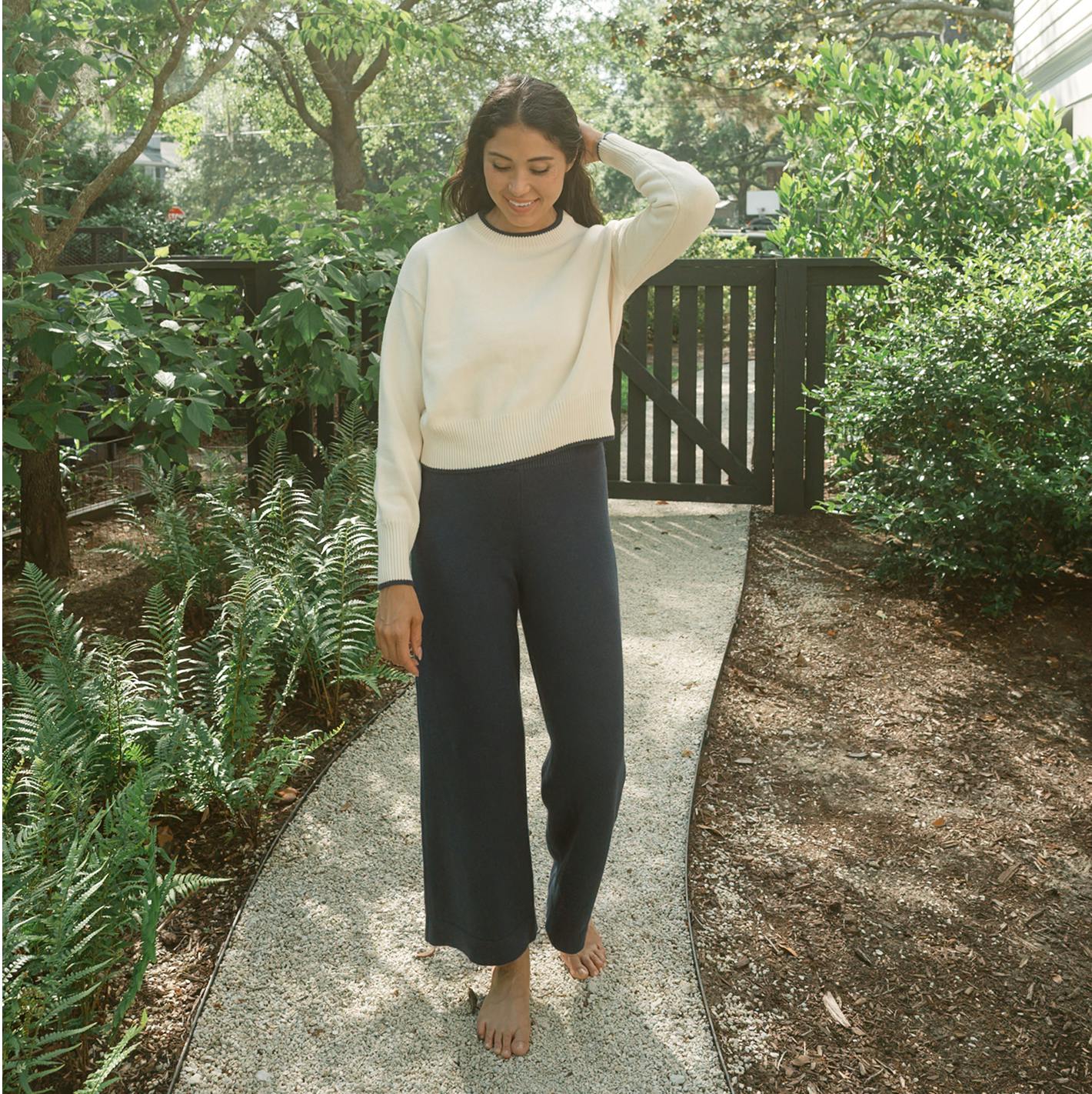 Women's Cropped Cream Sweater With Navy Trim