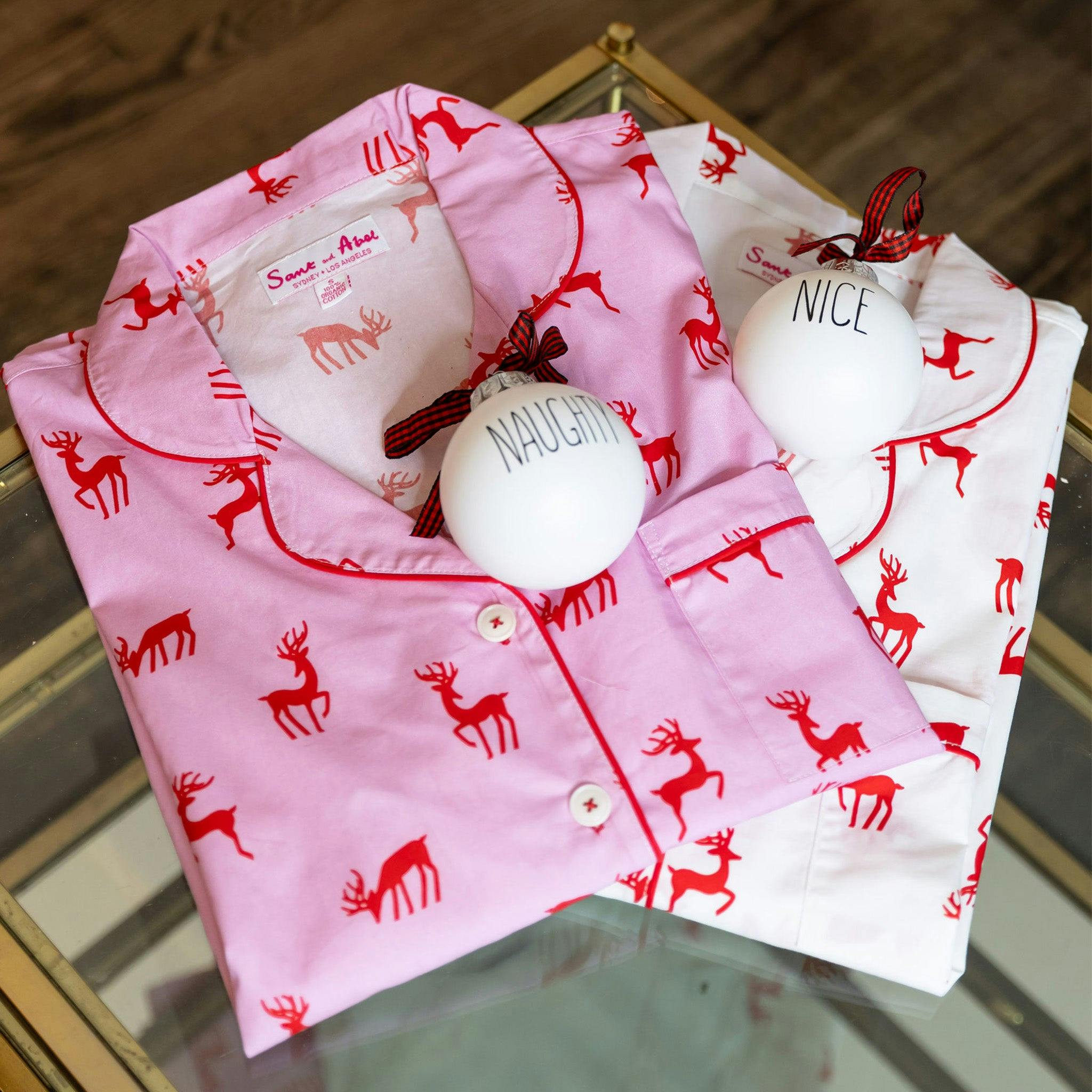 Women's Reindeer Pink Long PJ Set - Organic Cotton Poplin