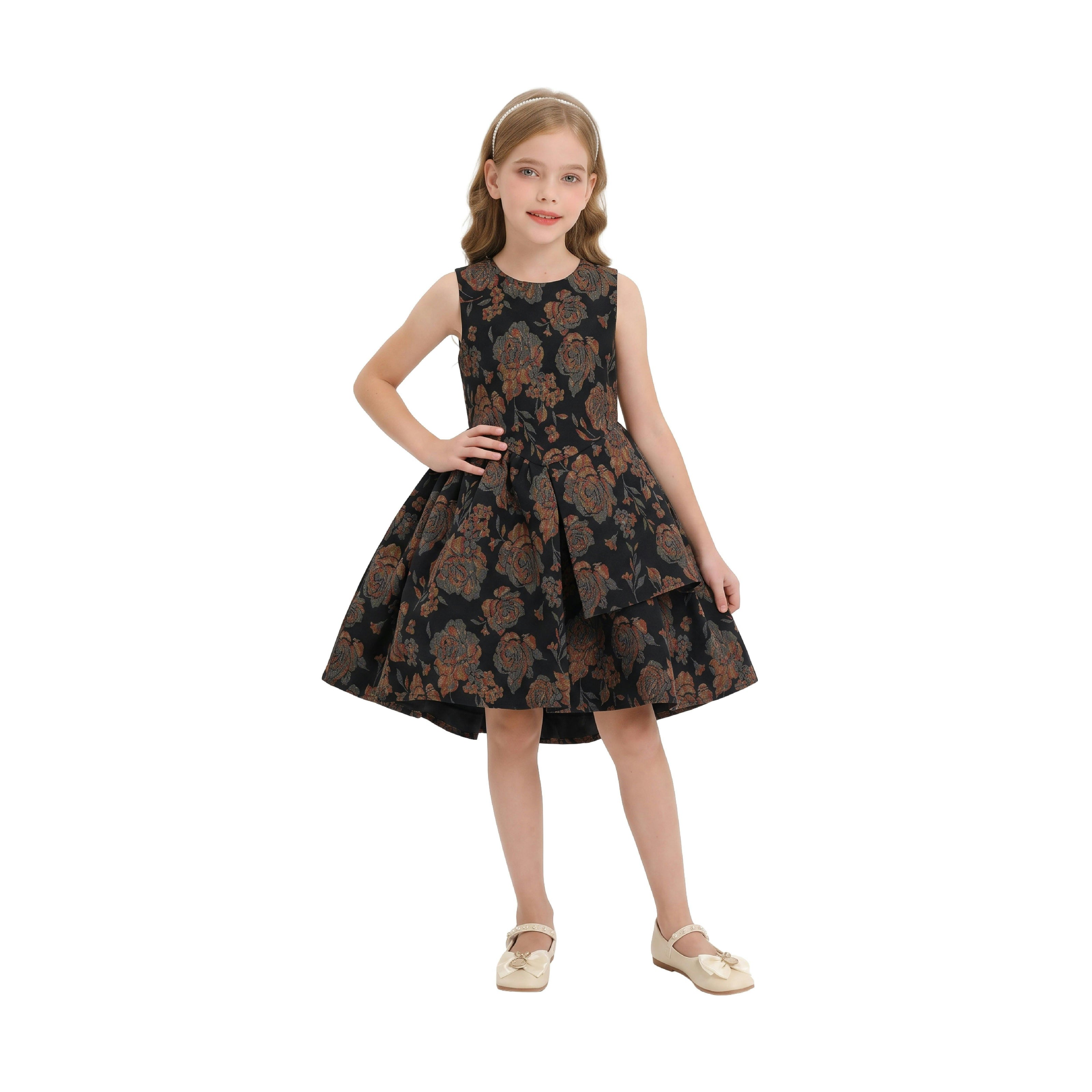 Black Emelina Floral Pleated Dress
