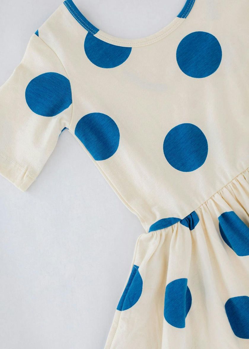 Short Sleeve Twirl Dress in Blue Dots