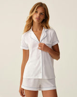The Poppy Pima Short Set in White with Periwinkle Piping