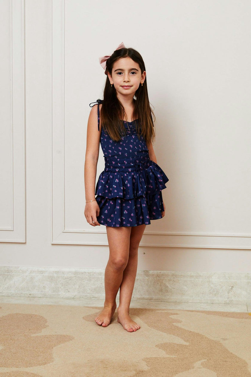 Georgia Navy Rose Satin Smocked Top