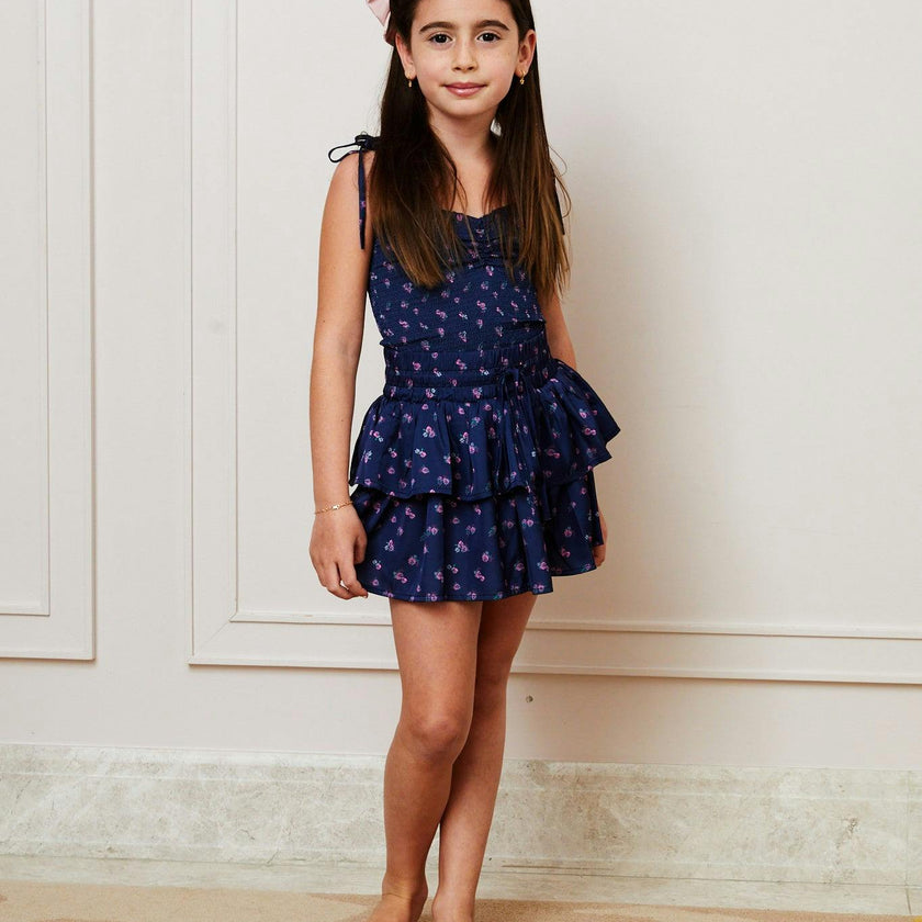 Georgia Navy Rose Satin Smocked Top