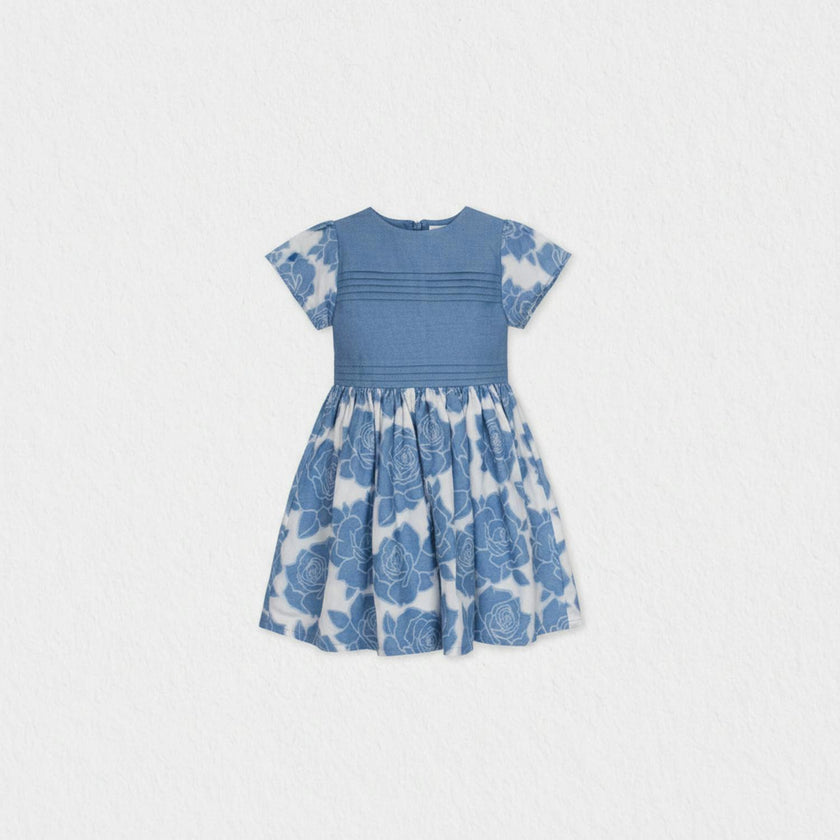 Enissa Girl Dress Short Sleeve, Blue Denim Flower