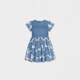 Enissa Girl Dress Short Sleeve, Blue Denim Flower