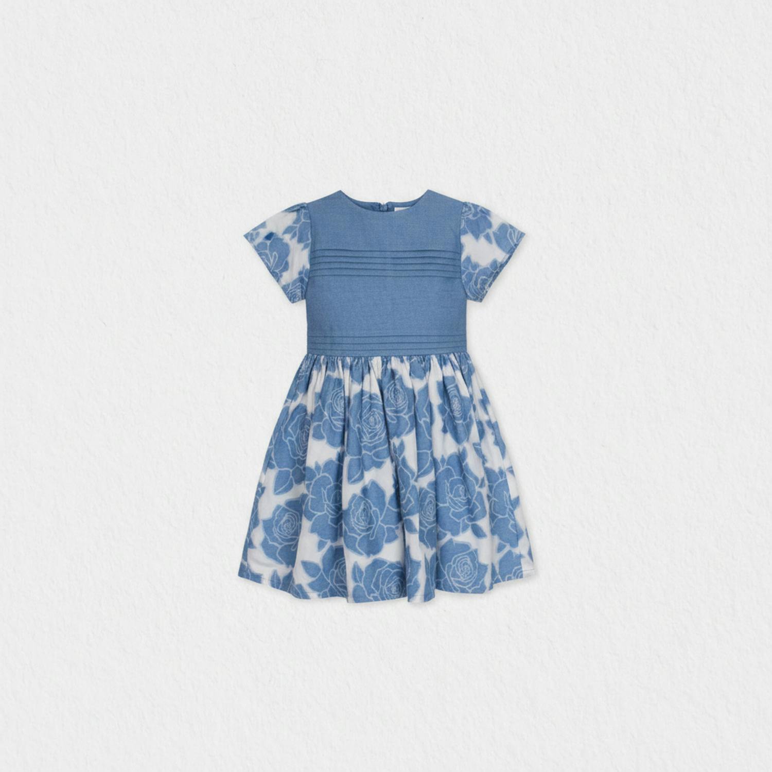 Enissa Girl Dress Short Sleeve, Blue Denim Flower
