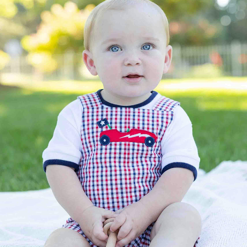 Plaid Seersucker Shortall With Derby Car