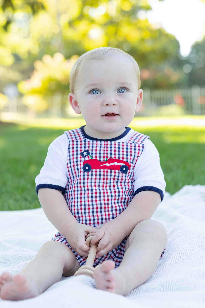 Plaid Seersucker Shortall With Derby Car