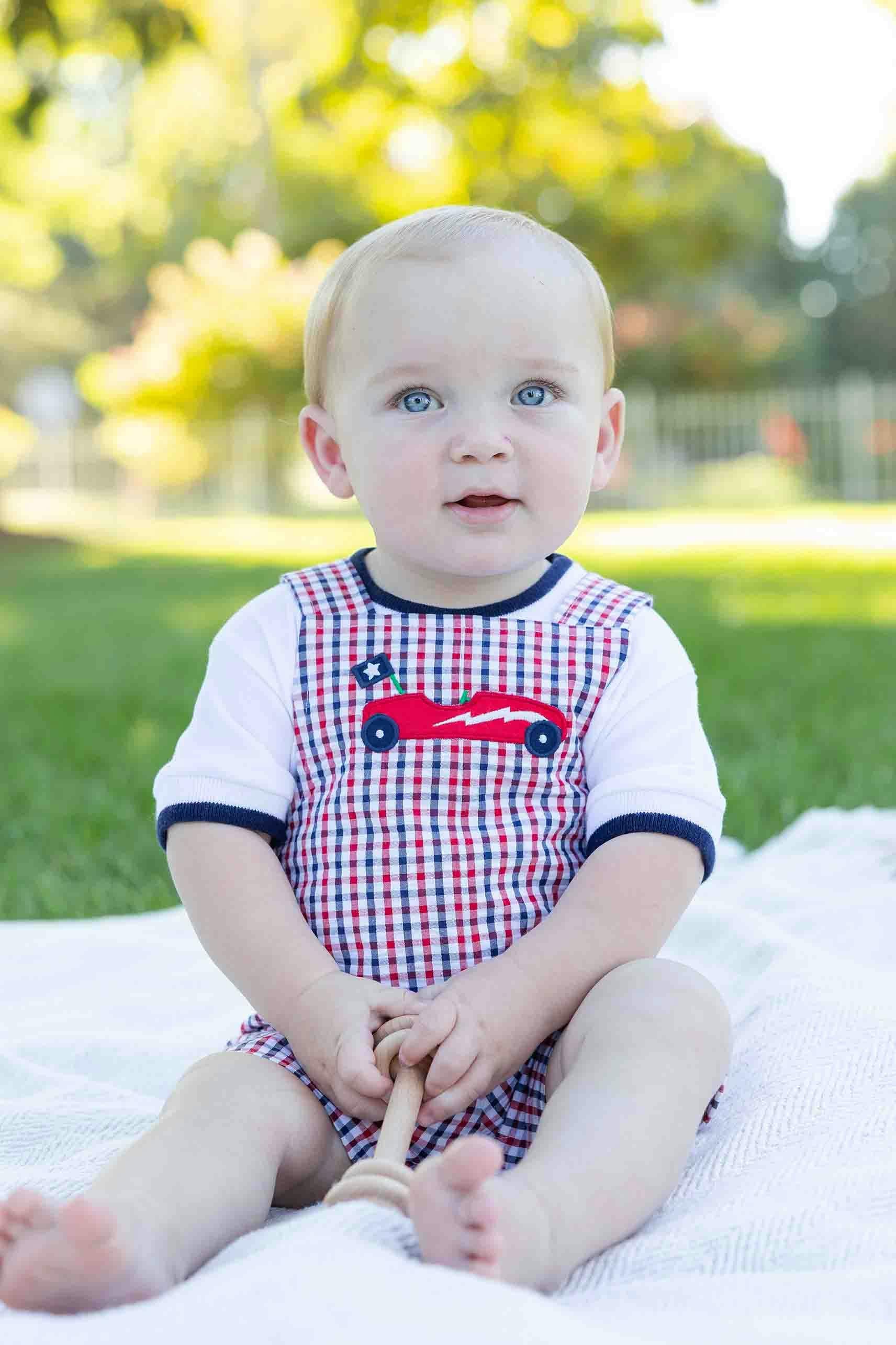 Plaid Seersucker Shortall With Derby Car