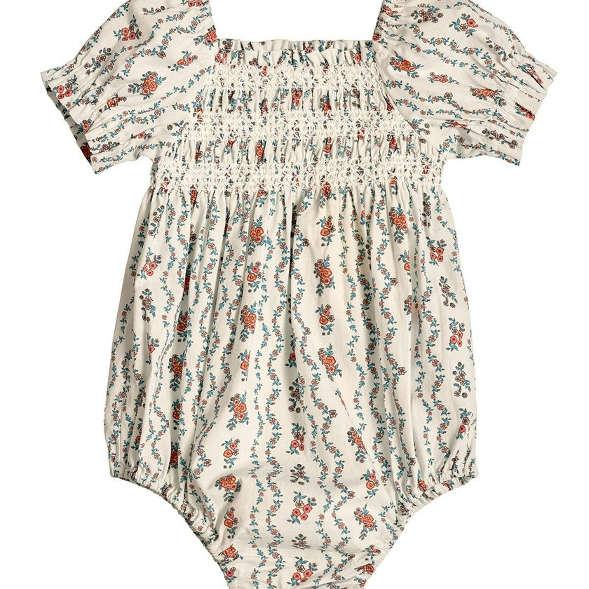 Baby Sunday Best Romper in Linear Poppy Woodblock