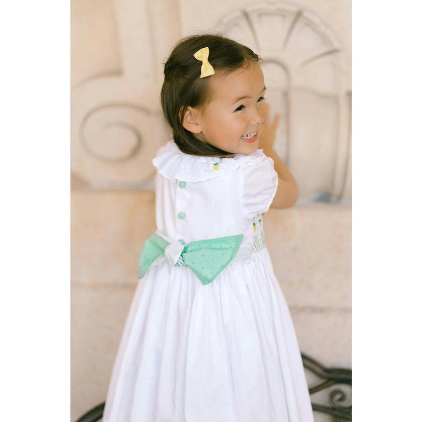 Victoria White Smocked Dress with Hand-Embroidered Lemons