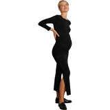 Curve Flattering Fit Round Neck Long Sleeve Side Slit Maternity Dress, Black
