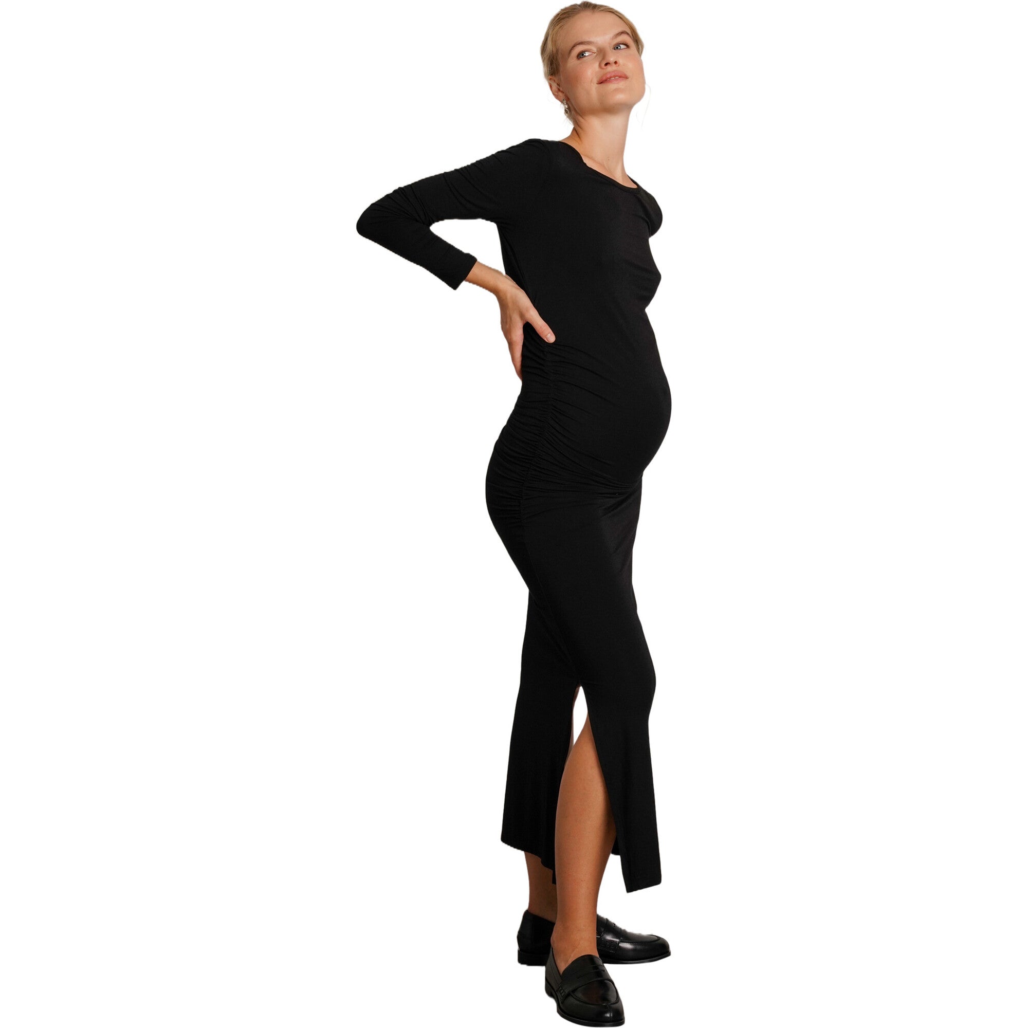 Curve Flattering Fit Round Neck Long Sleeve Side Slit Maternity Dress, Black