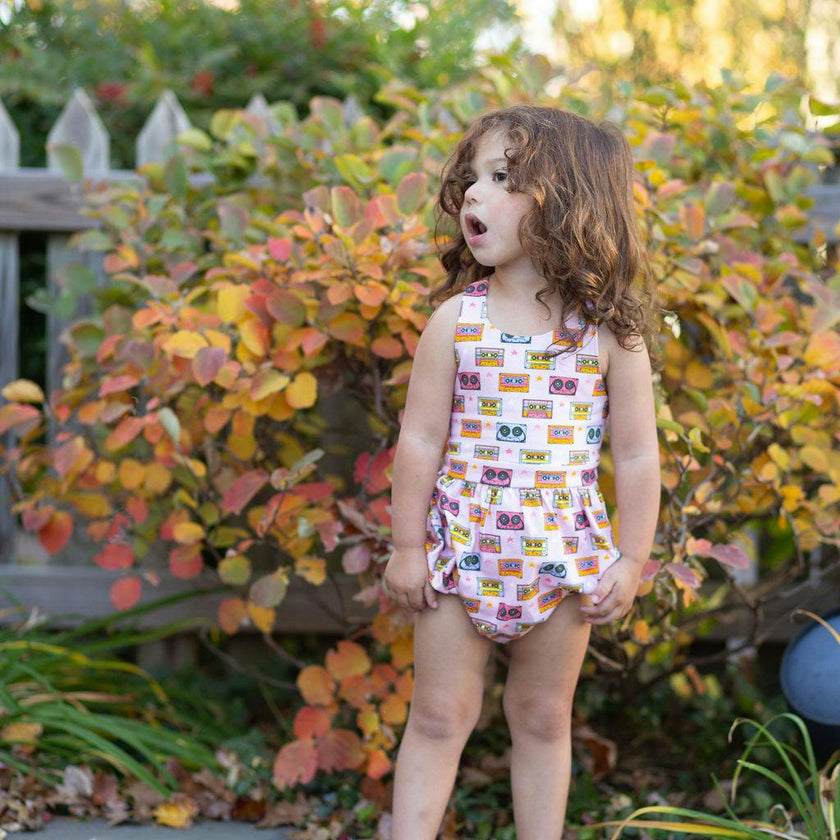 Cross Back Bubble Romper in Cassettes/Stars
