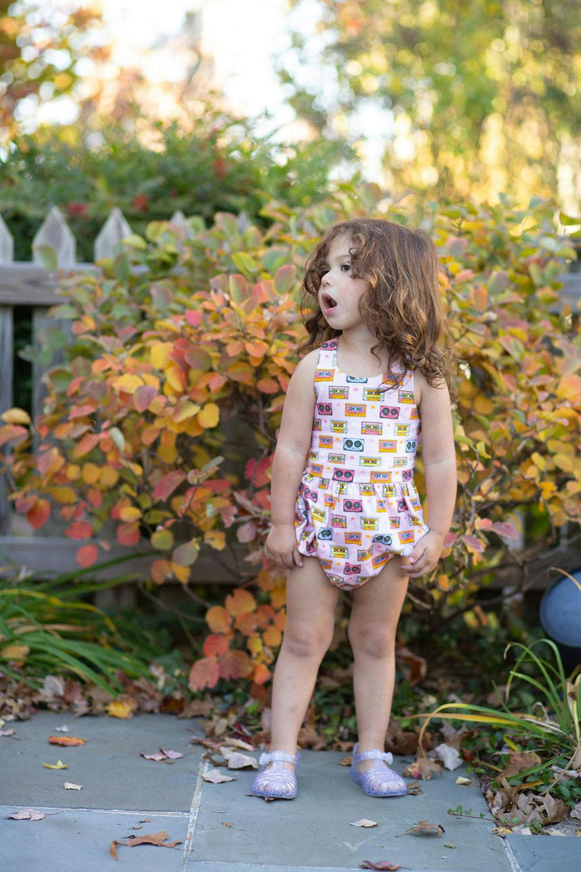 Cross Back Bubble Romper in Cassettes/Stars