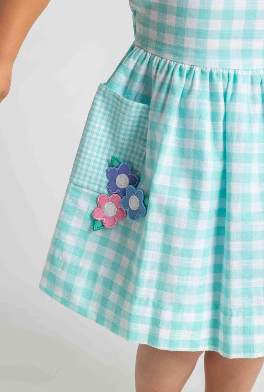 Gingham Linen-Look Dress With Flowers