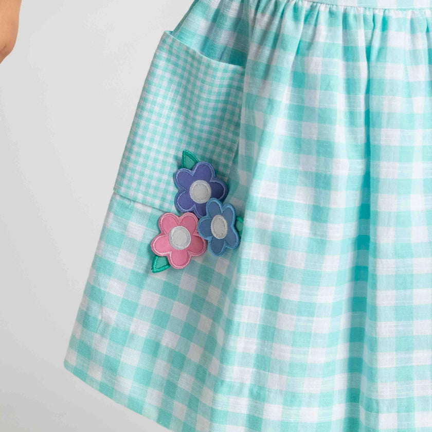 Gingham Linen-Look Dress With Flowers