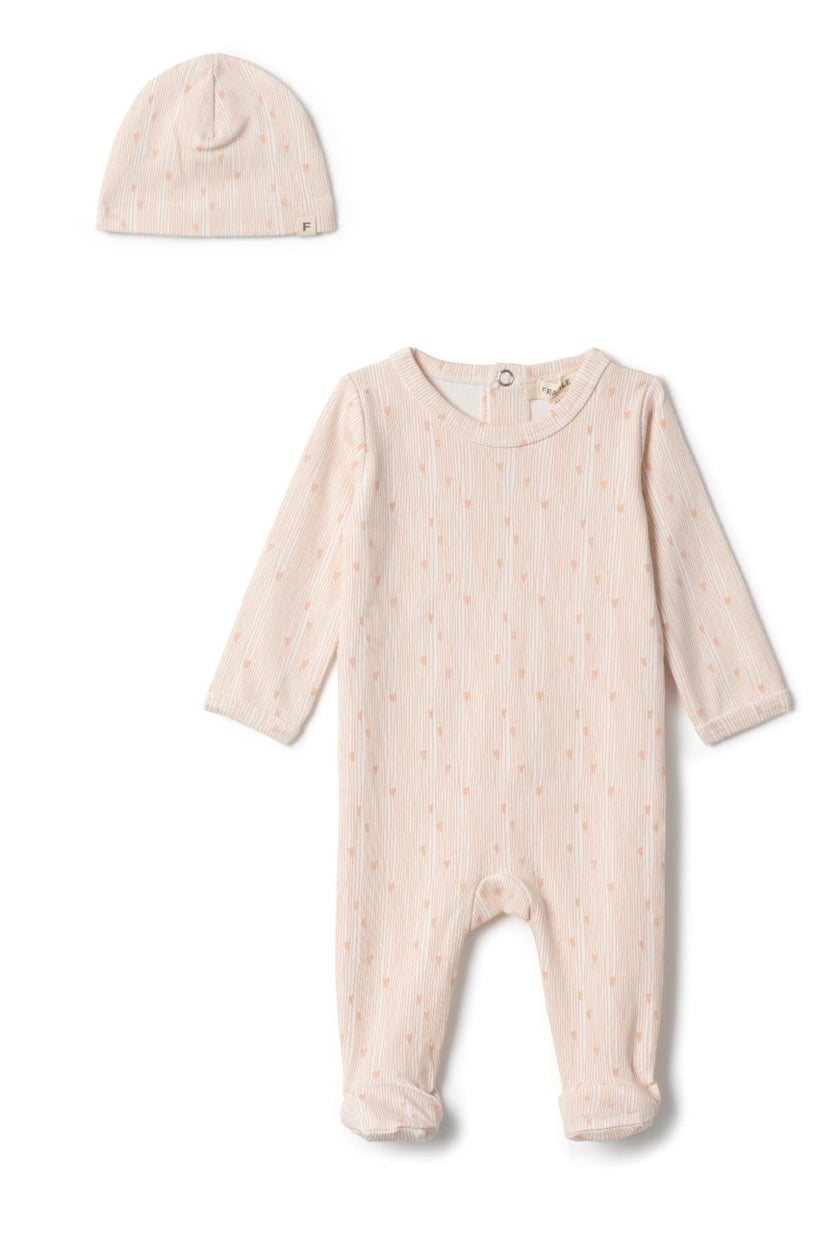 Line Print Ribbed Snap Front Romper and Hat Two Piece Set