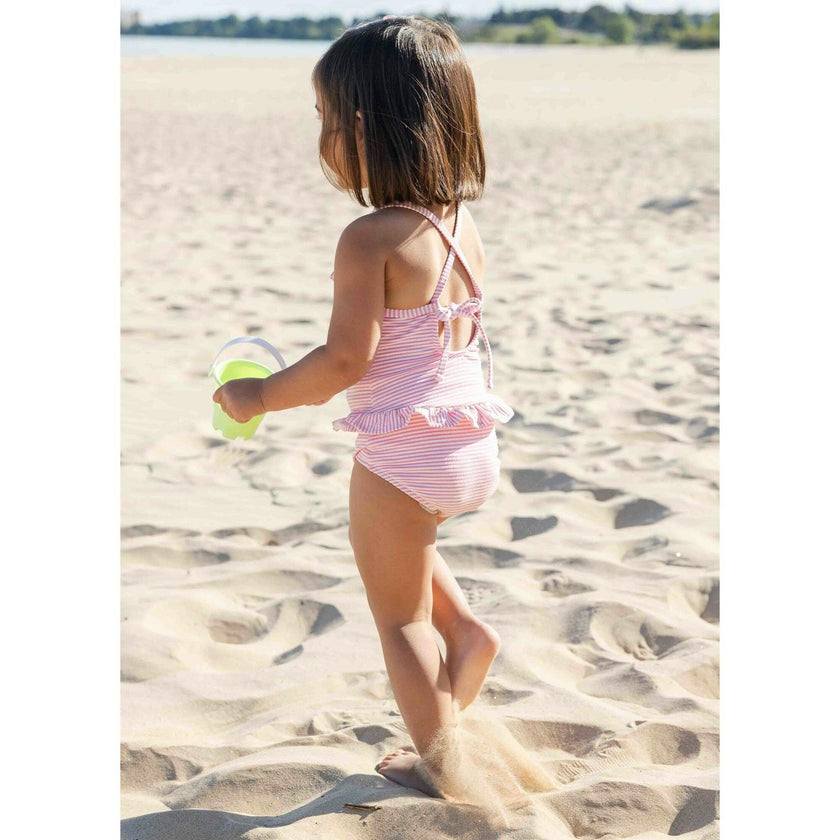 Stripe Seersucker Swimsuit with Flower