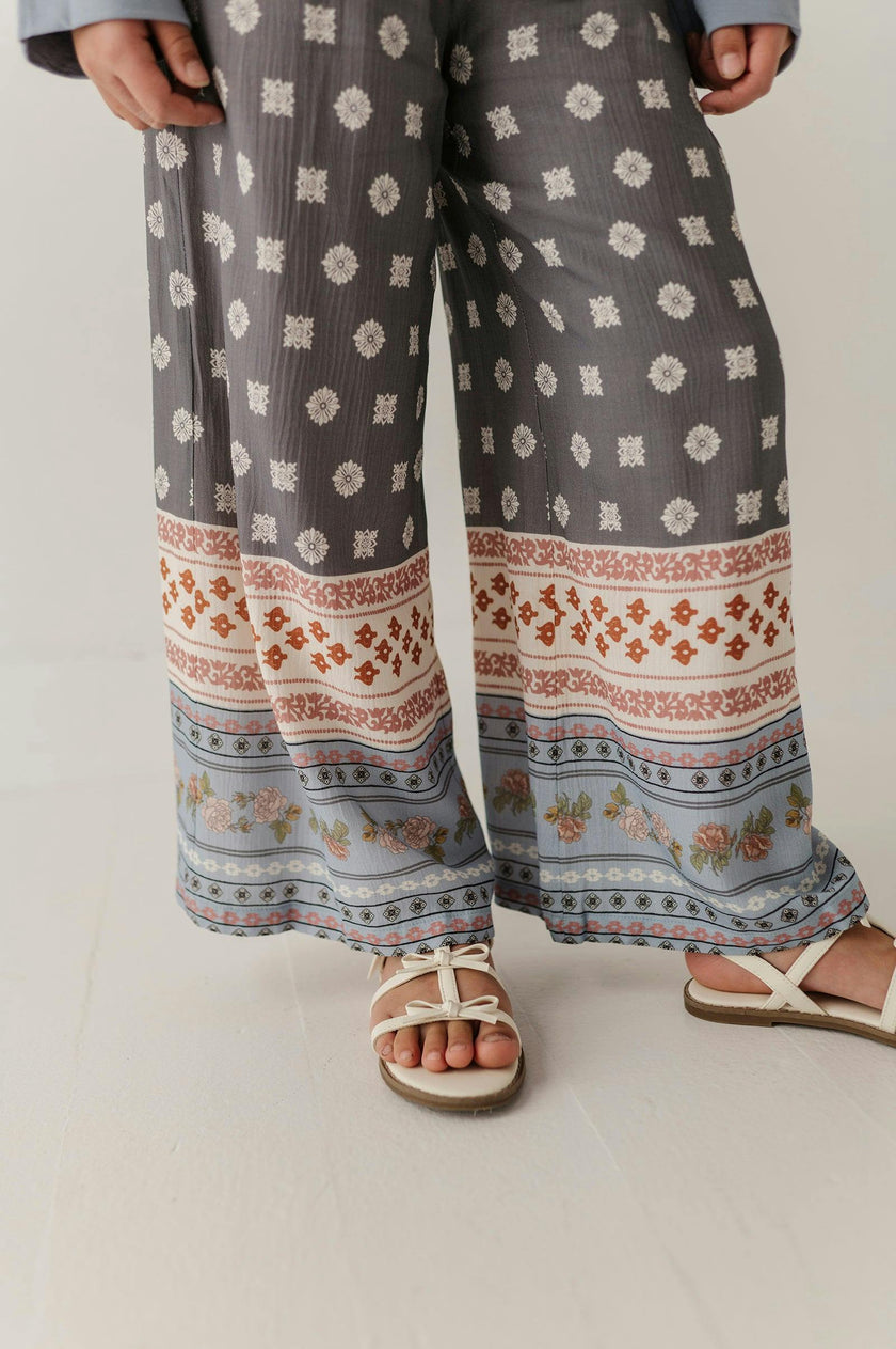 Girls Boho Wide Leg Flowy Pants in Border Print