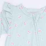 Tiny Cherry Stripe - 2 Way Ruffle Sleeve Zipper Footie