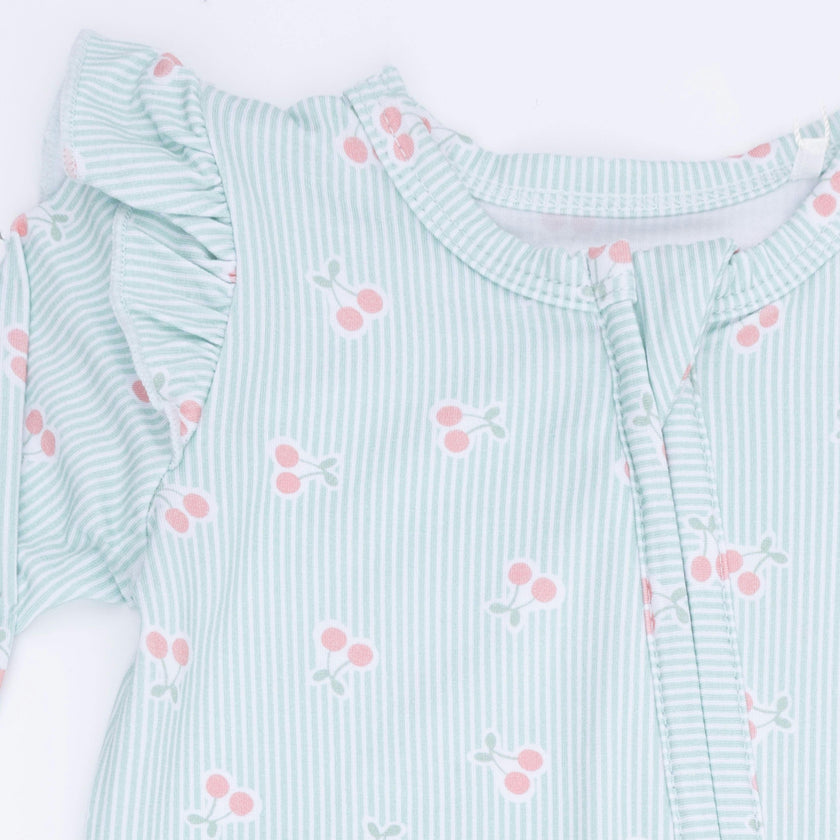 Tiny Cherry Stripe - 2 Way Ruffle Sleeve Zipper Footie