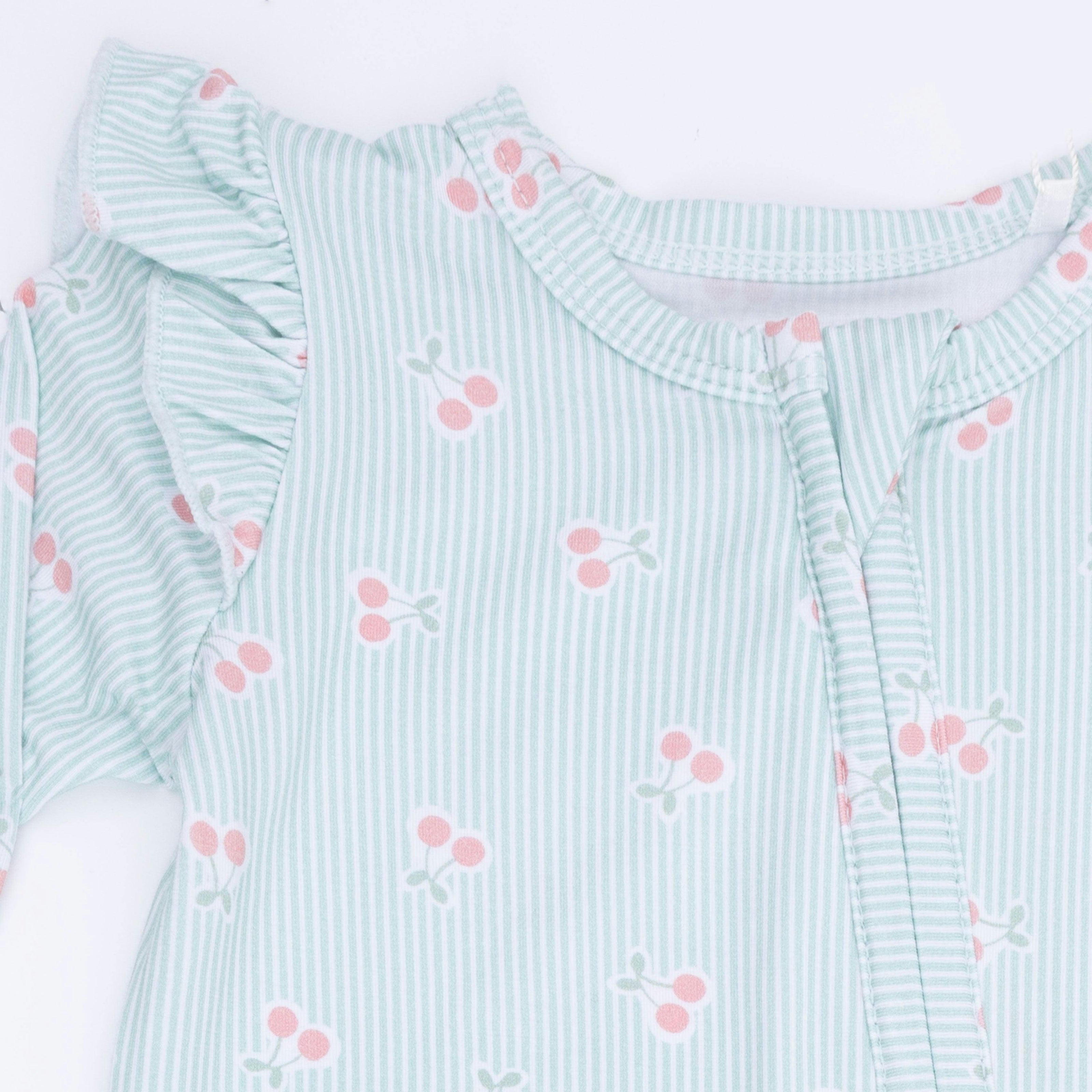 Tiny Cherry Stripe - 2 Way Ruffle Sleeve Zipper Footie