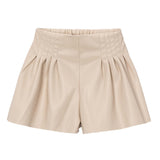 Beige Pleated Faux Leather Shorts