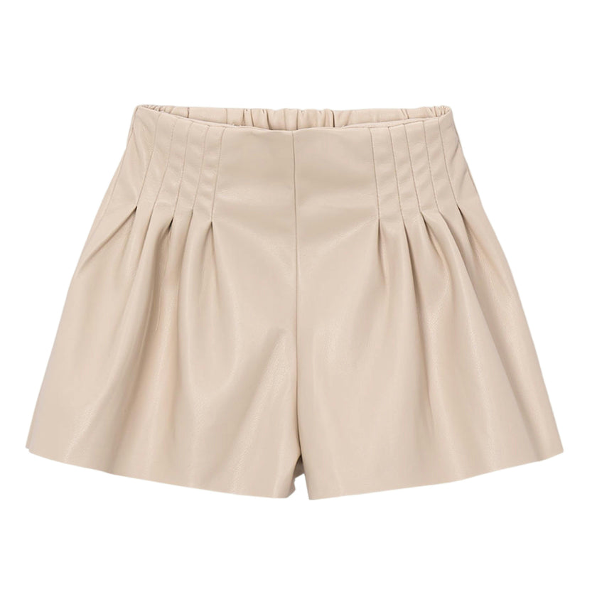 Beige Pleated Faux Leather Shorts