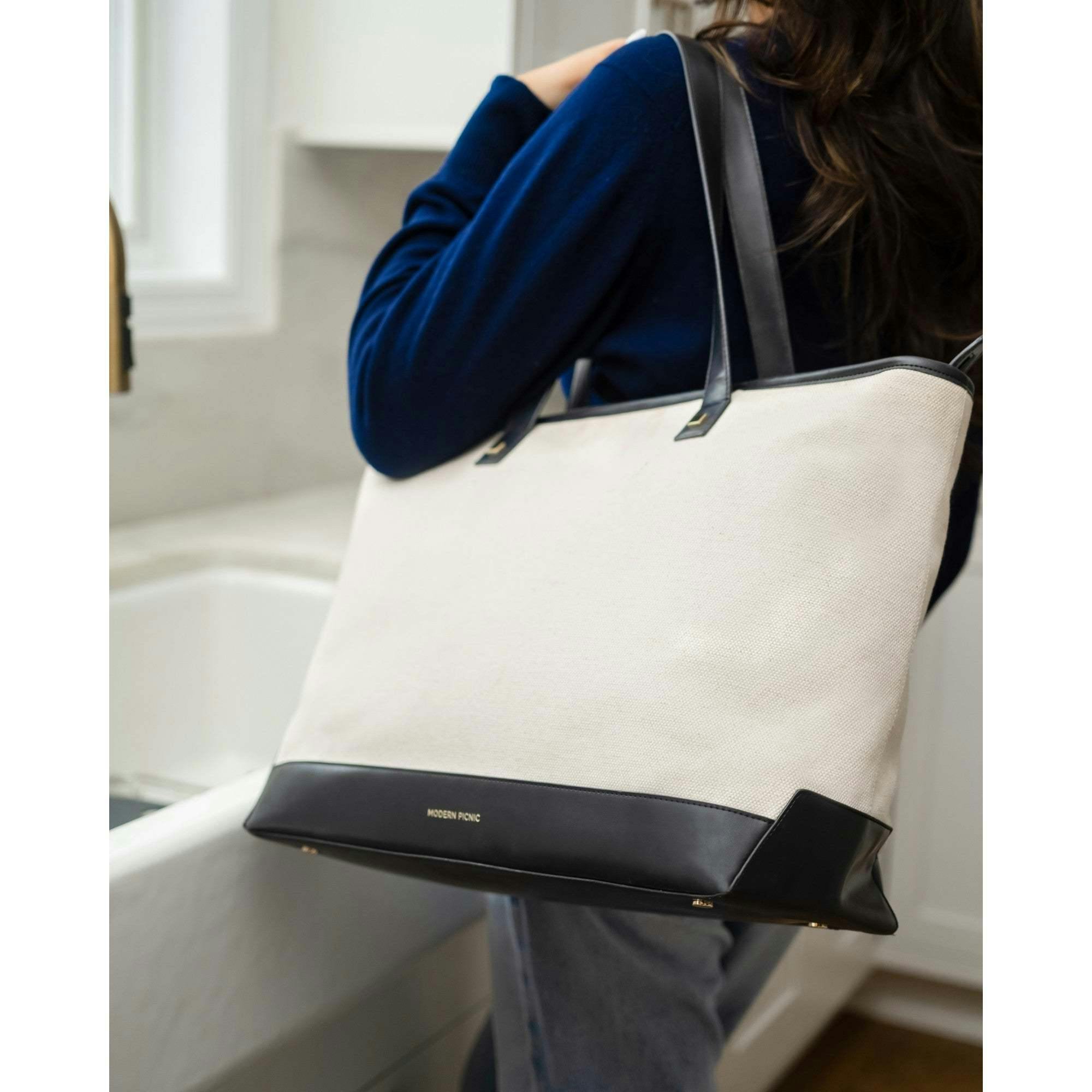 Vegan Leather Work Tote Bag with Removable Insulated Pouch, Black Canvas