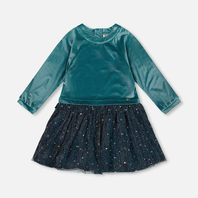 Long Sleeve Bi-Material Velvet and Pleated Mesh Dress