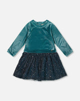 Long Sleeve Bi-Material Velvet and Pleated Mesh Dress