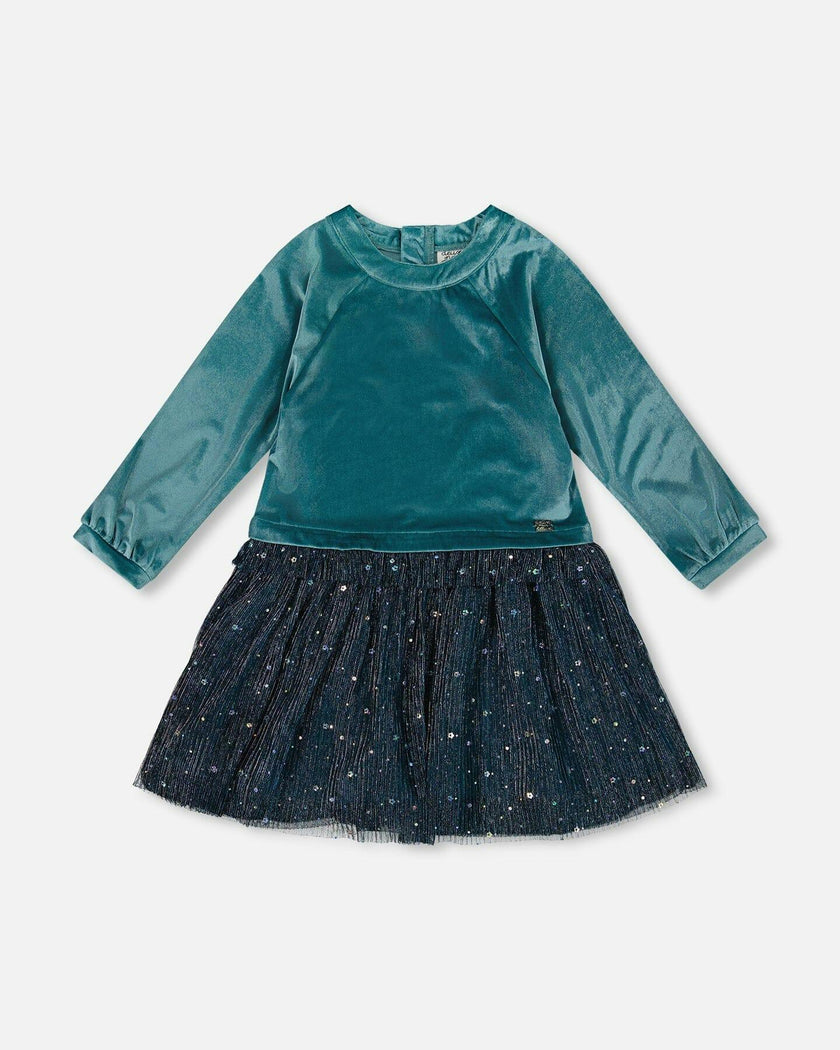 Long Sleeve Bi-Material Velvet and Pleated Mesh Dress
