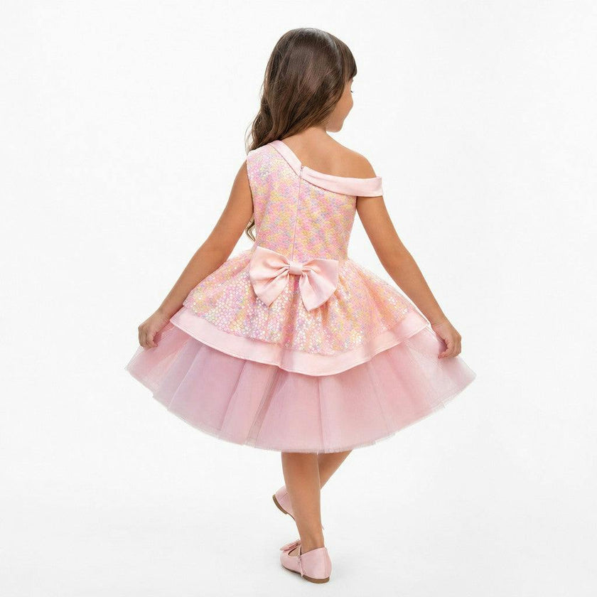 Rosy Bloom Off-Shoulder Sequin Birthday Dress for Girls