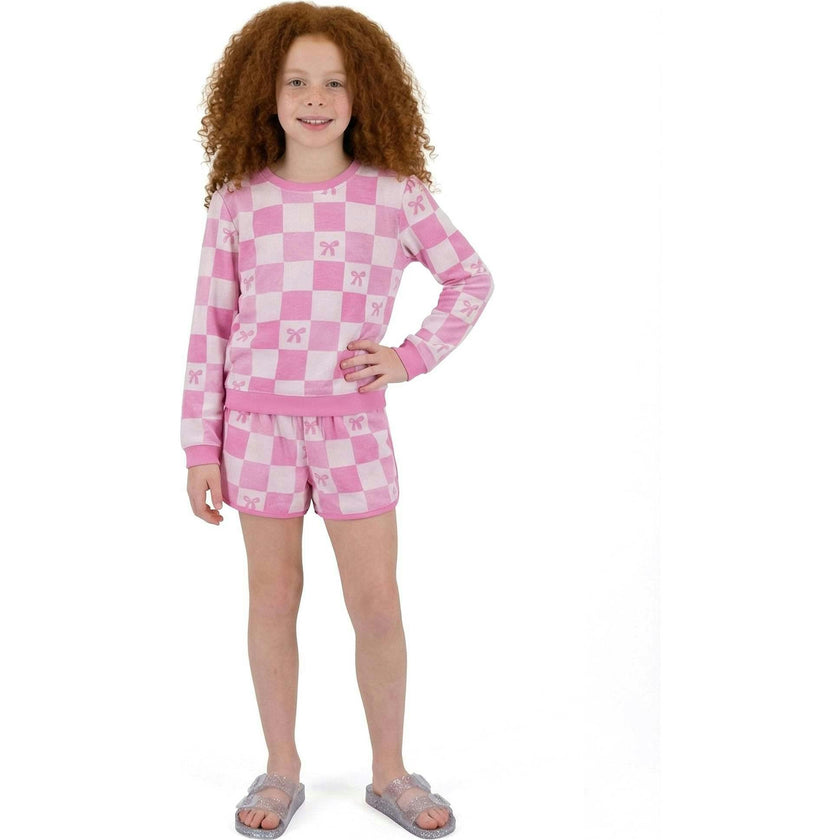 Tween Girls Terry Pull-Over & Short Set | Checkered Bow