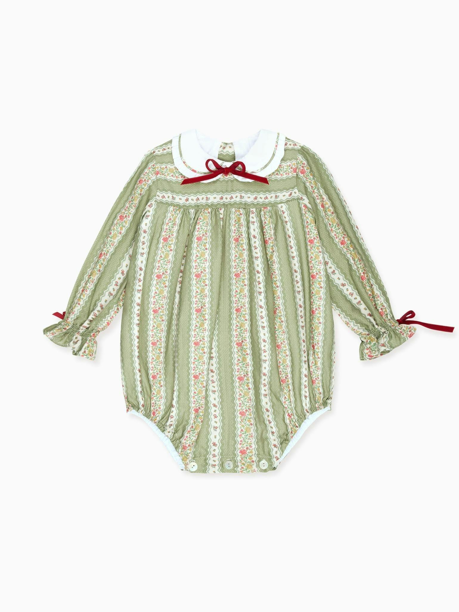 Sage Green Floral Stripe Senna Baby Girl Romper