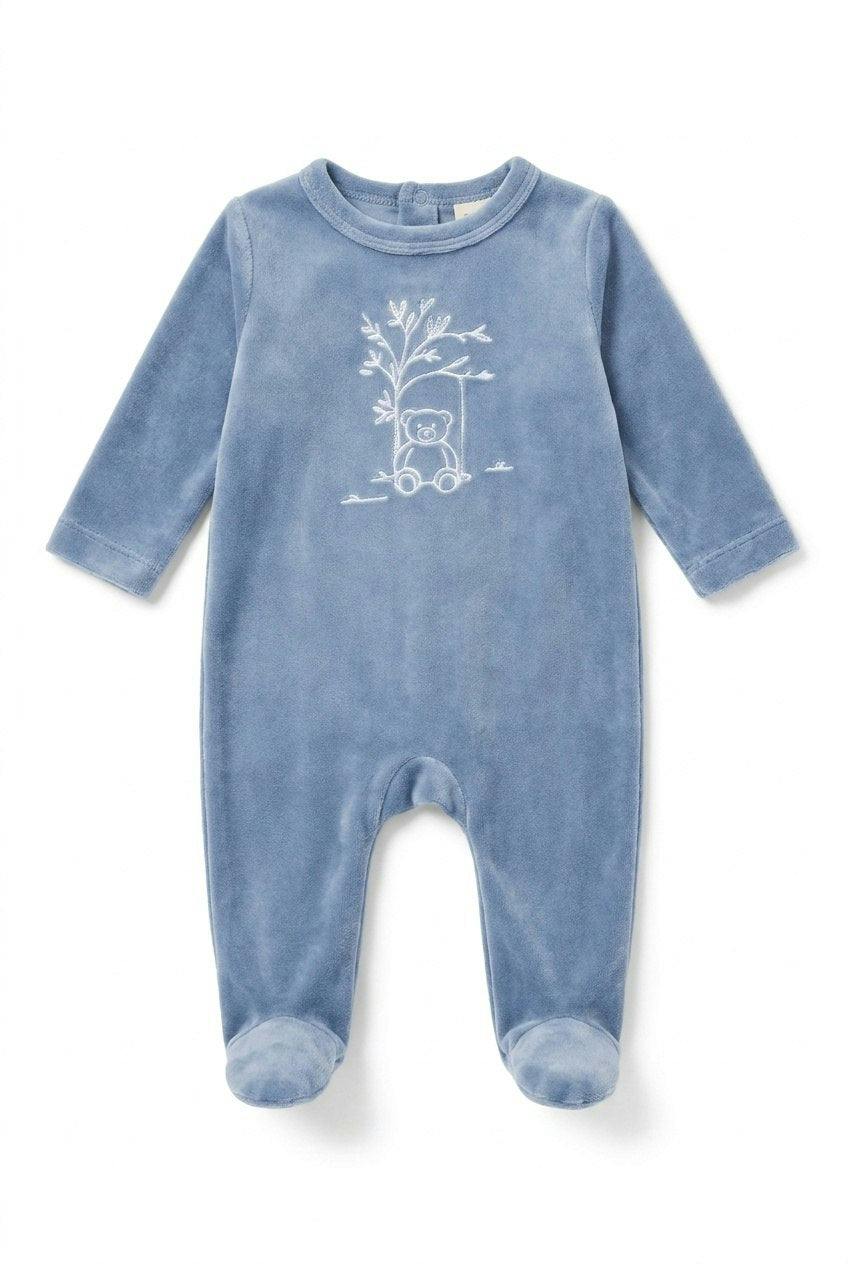 Bear Embroidered Velour Footie