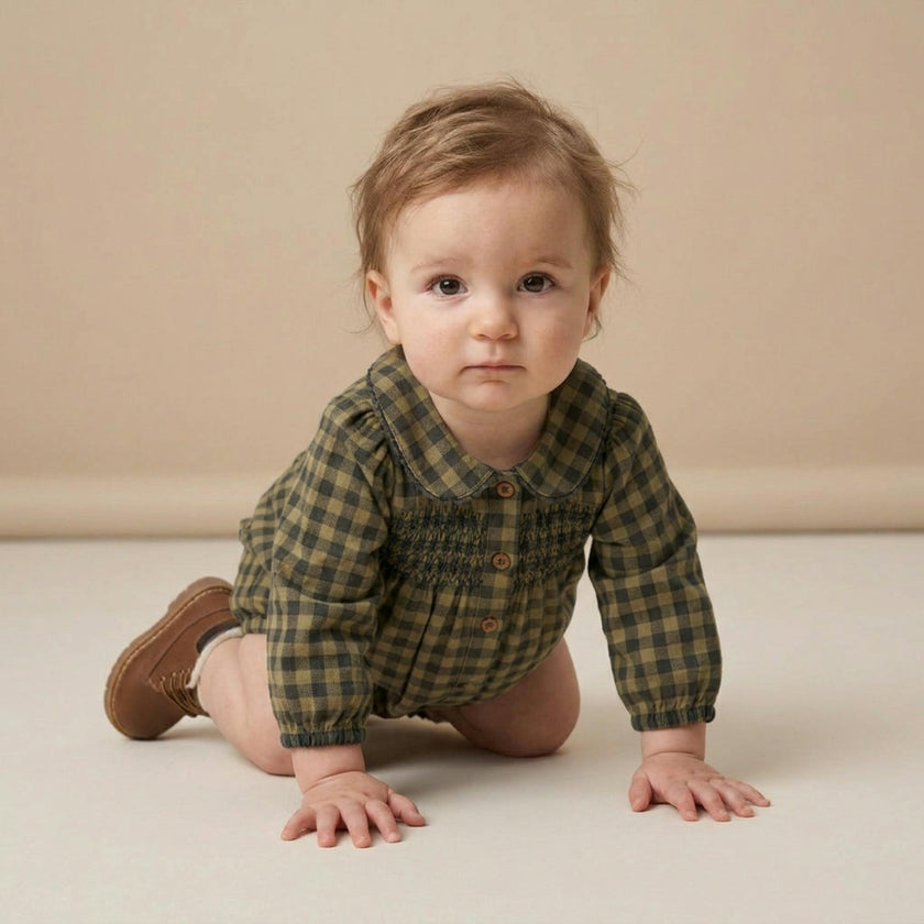Organic Smocked Long Sleeve Bubble Romper - Olive Gingham