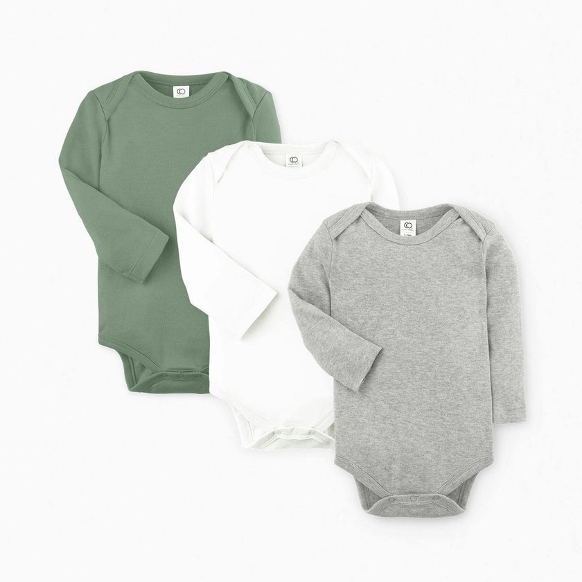 3-Pack Classic Long Sleeve Bodysuit Bundle Thyme + Heather Grey + White