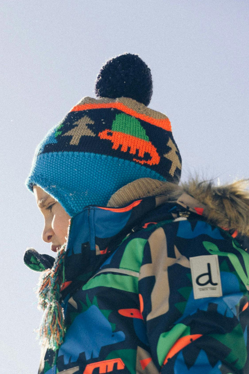 Winter Peruvian Knit Hat with Pompom Blue Dinosaur Print