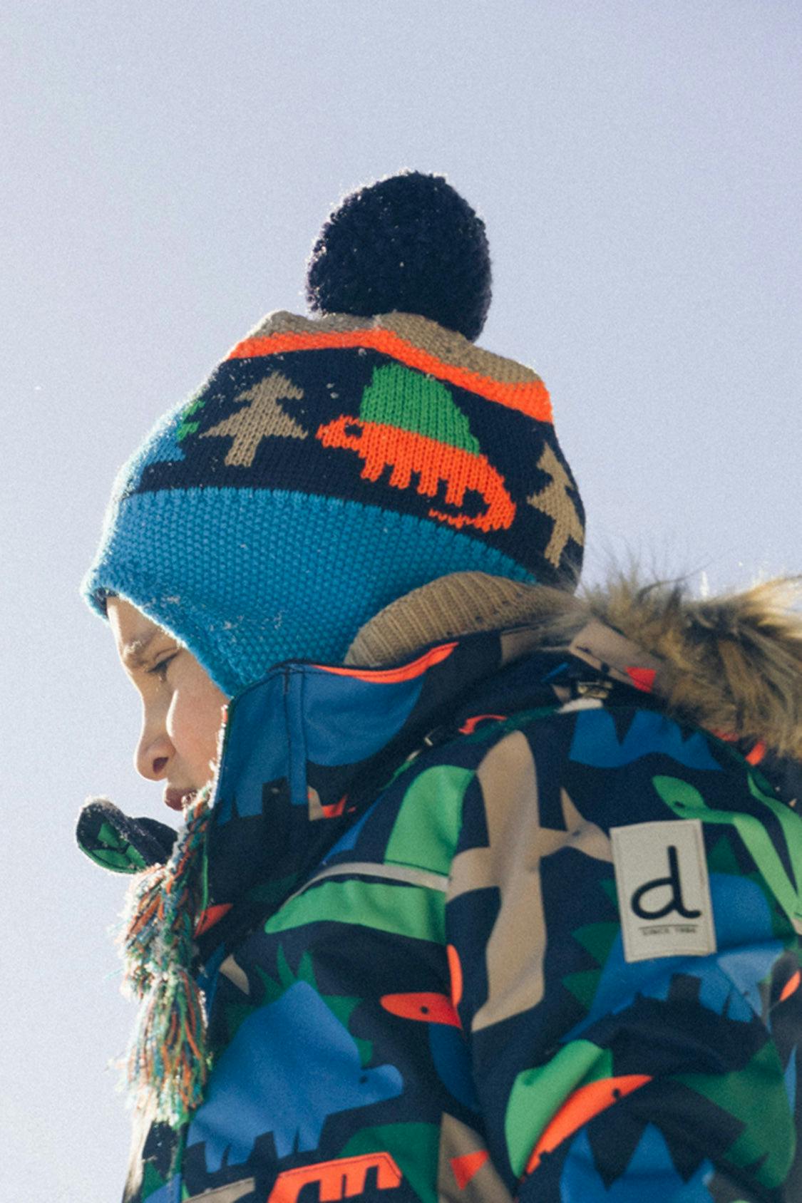 Winter Peruvian Knit Hat with Pompom Blue Dinosaur Print
